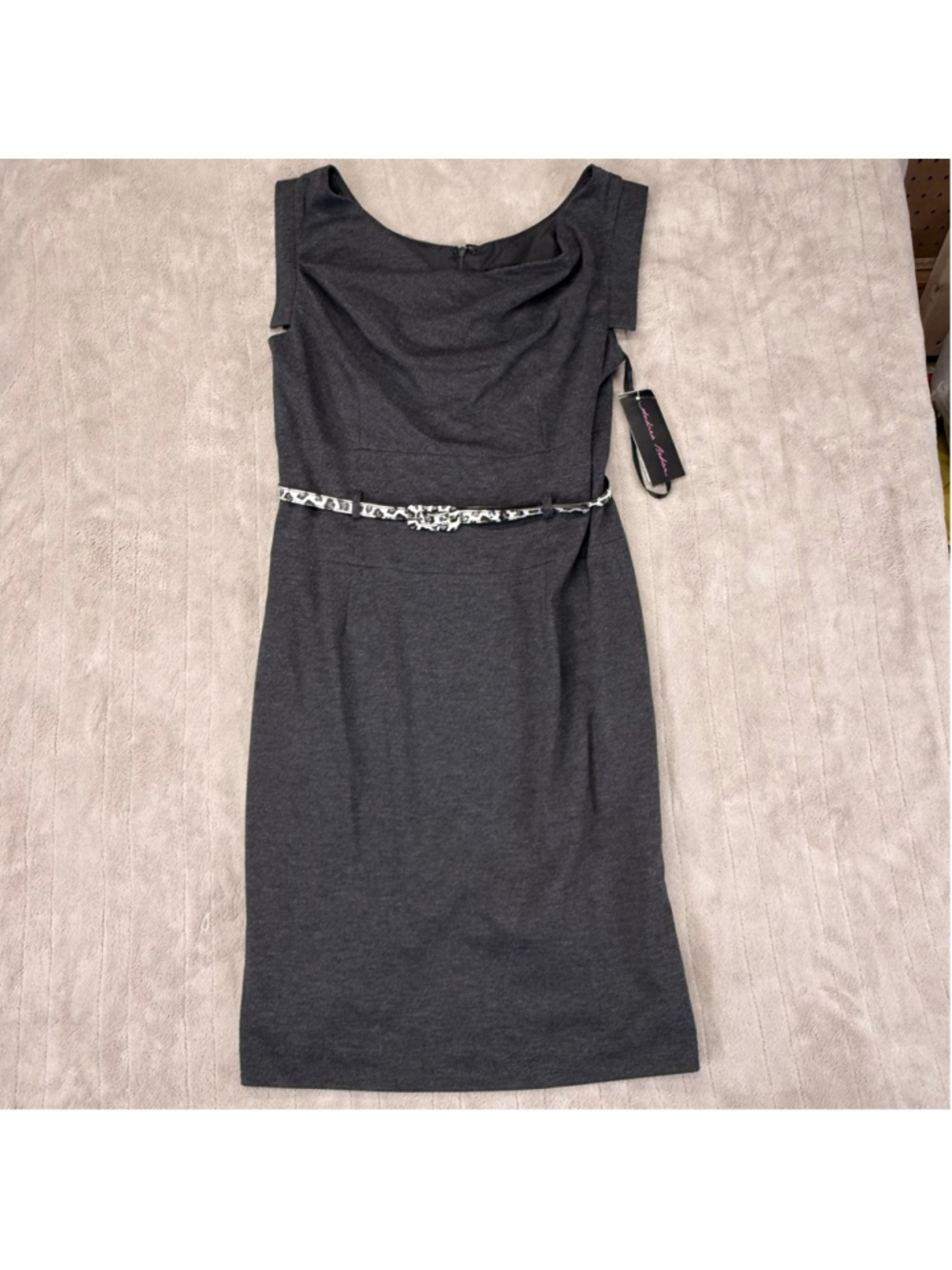 Women's Andrea Behar Grey Sheath Dress with Animal Print Belt Size 10